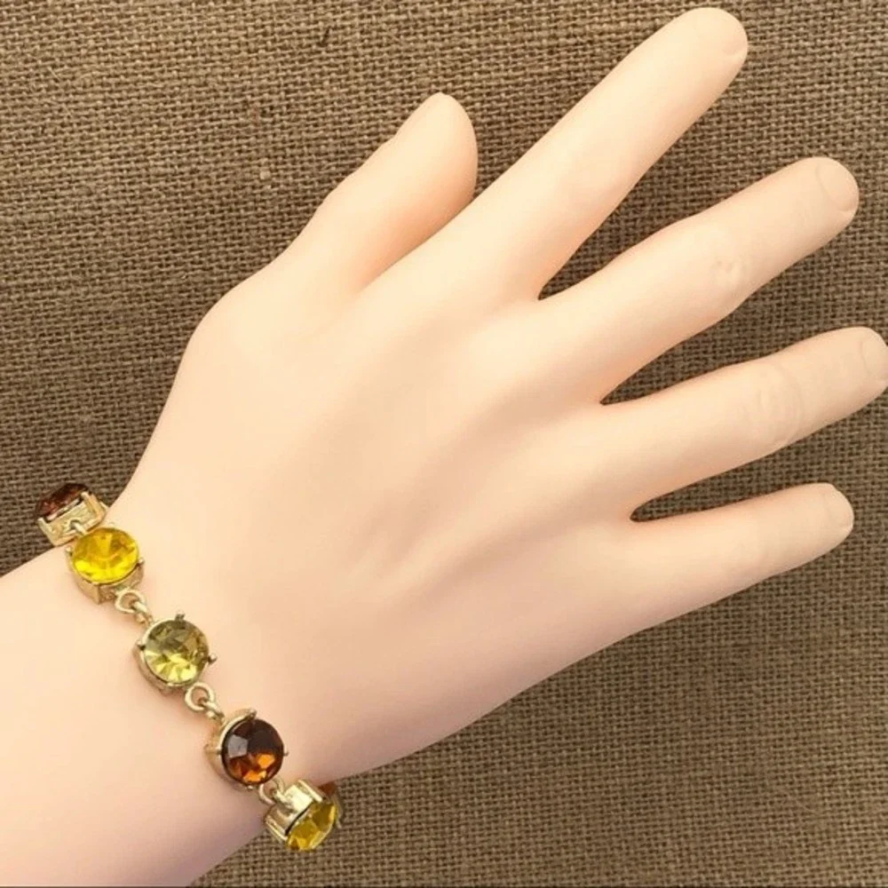 🌼Brown Tones Rhinestone Tennis Style Gold Clasp Bracelet